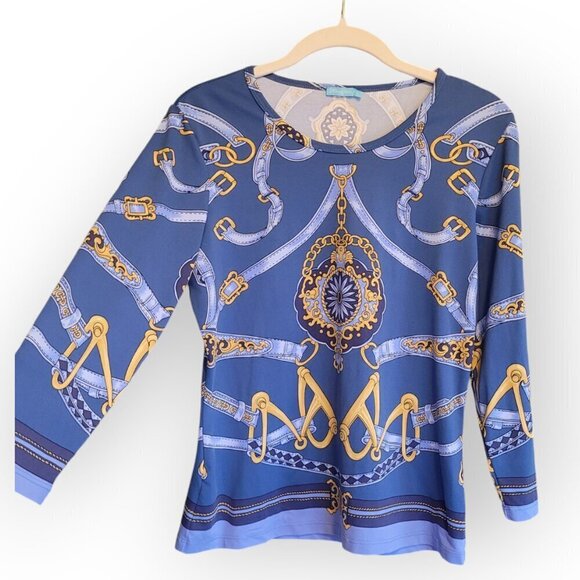 J. McLaughlin Blue Gold Chainlink Stretch Top Small - Picture 3 of 12